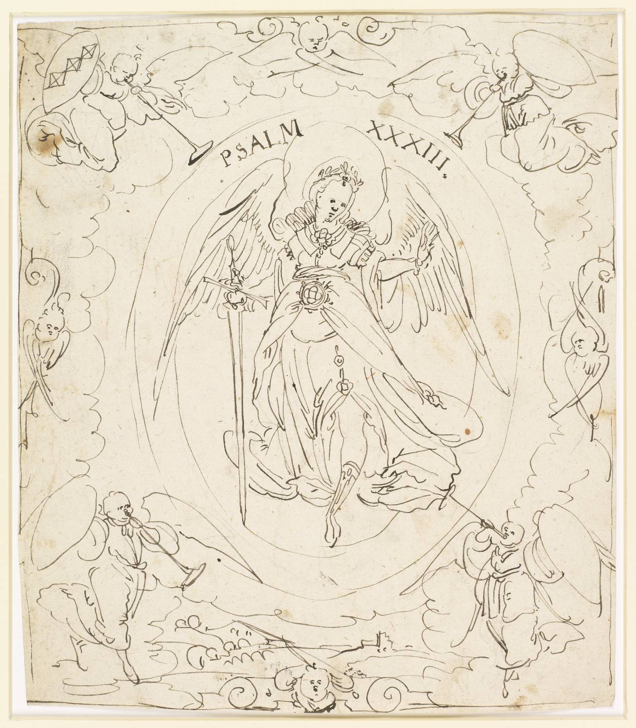 Scheibenriss mit Engel mit Schwert "Psalm XXIII" und vier Posaune blasende Engel, einer mit Wappen Peyer